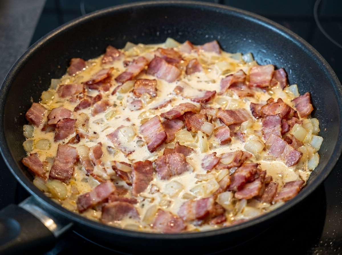 Heavy cream being poured into a frying pan containing crispy bacon and sautéed onions, creating a light beige sauce base.