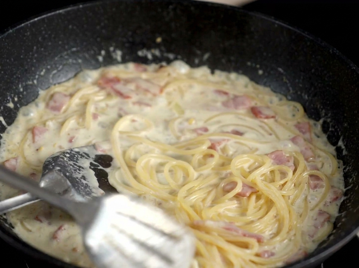 Spaghetti being tossed with a spatula in a thick, creamy sauce with visible pieces of bacon and onion in a dark skillet.