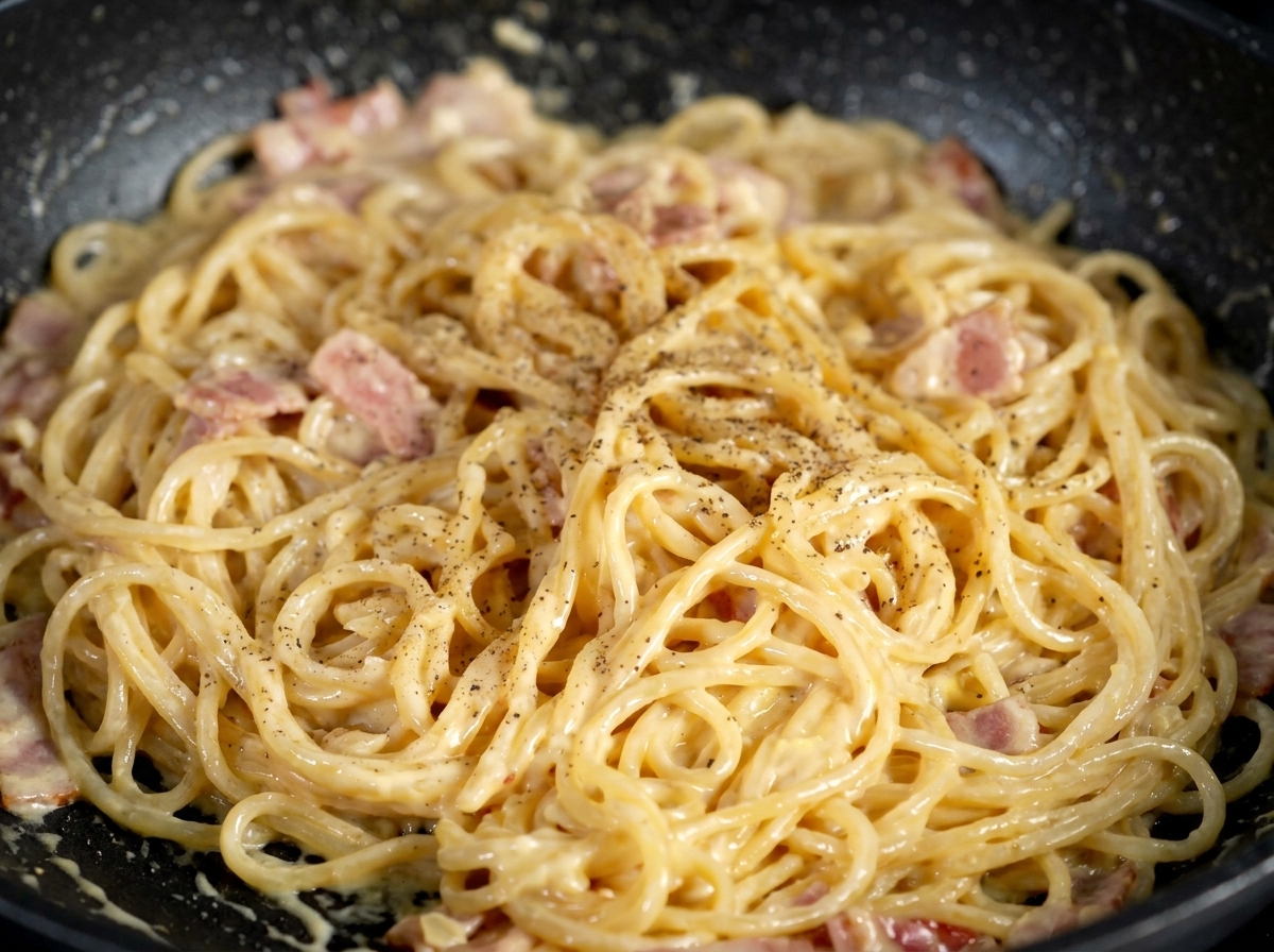 A close up view of creamy spaghetti and bacon being lifted showing the thick sauce and flecks of fresh green parsley.