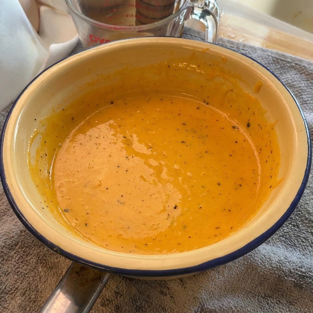 A smooth, thick, and vibrant orange carbonara sauce with black pepper specks in a cream colored bowl.