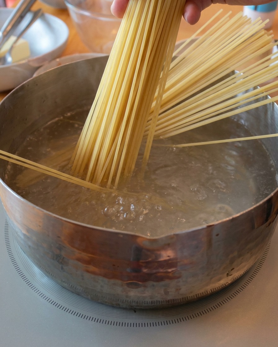 A hand holding a bundle of dry spaghetti vertically over a pot of rapidly boiling water.