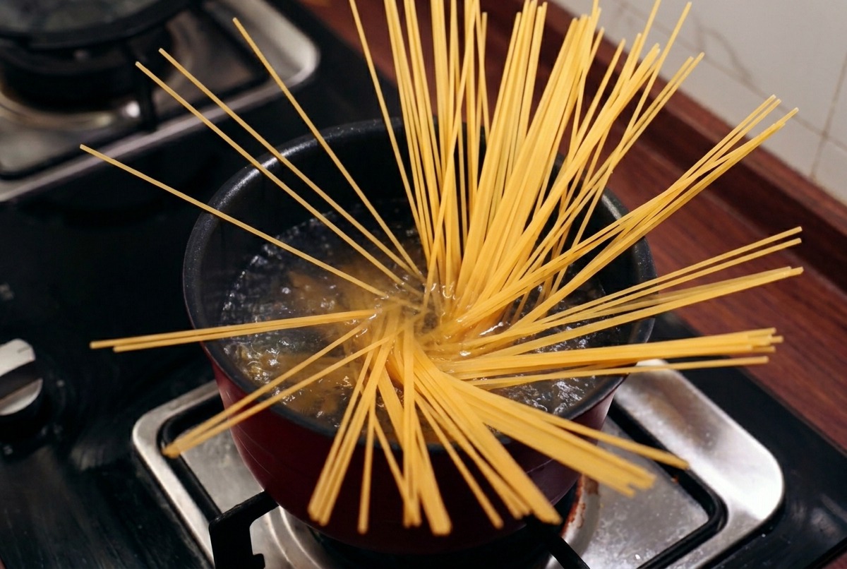 A bundle of dry spaghetti noodles fanning out inside a pot of boiling water.