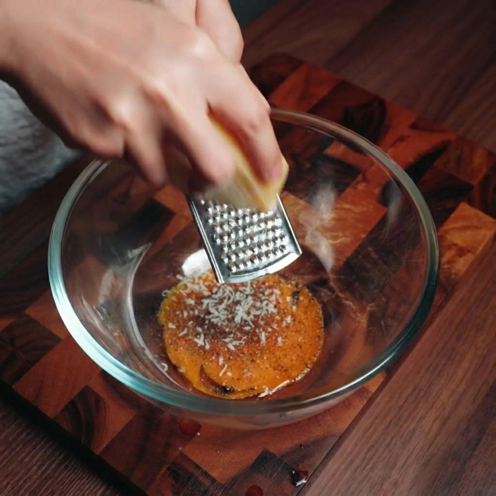 A hand using a small metal grater to shred a block of cheese into a bowl of seasoned egg yolks.
