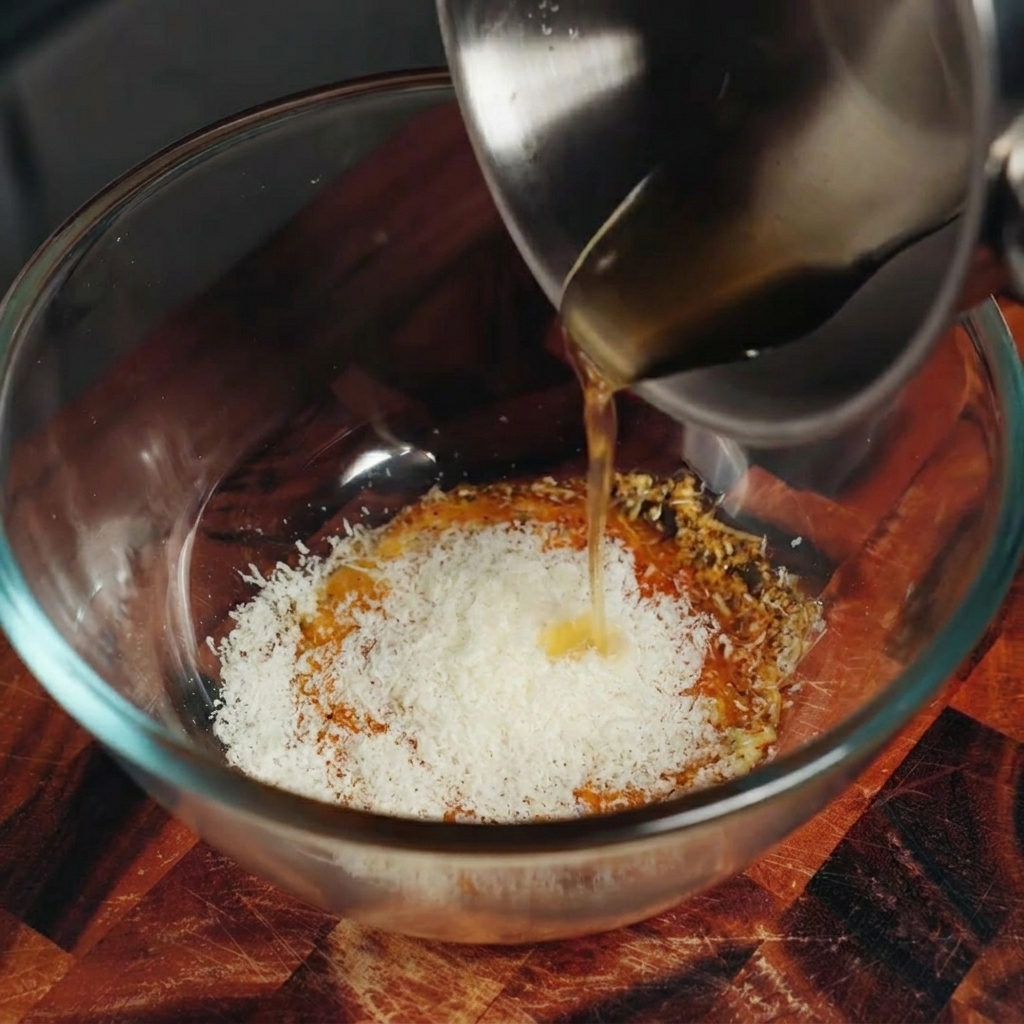 Golden bacon fat being poured from a small pot into a bowl of thick egg and cheese mixture.