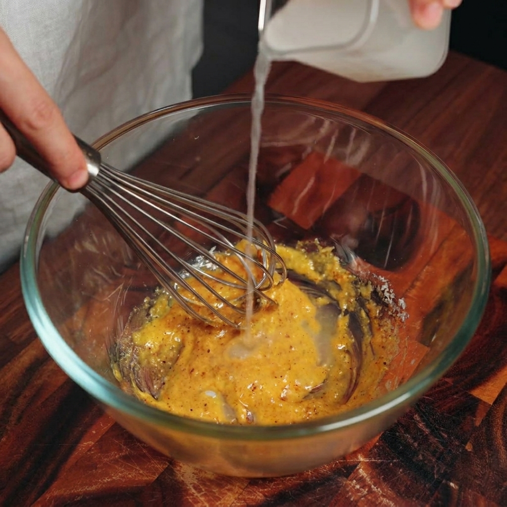 A metal whisk mixing a pale yellow carbonara sauce in a glass bowl as starchy water is poured in.