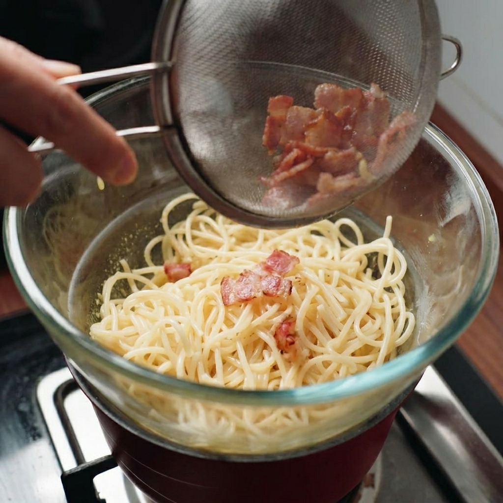 Fried bacon bits being poured from a strainer into a bowl of spaghetti and creamy egg sauce.