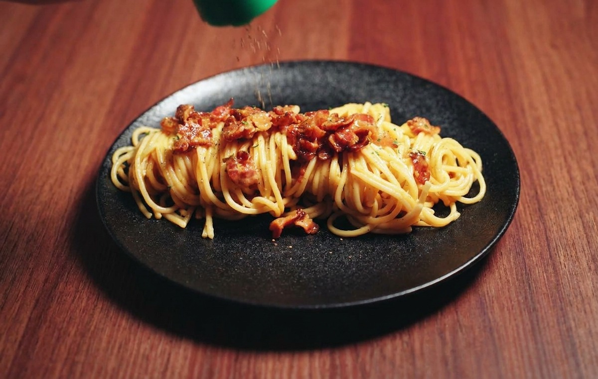 Freshly cracked black pepper being sprinkled from a green grinder onto a beautifully plated mound of creamy spaghetti carbonara.