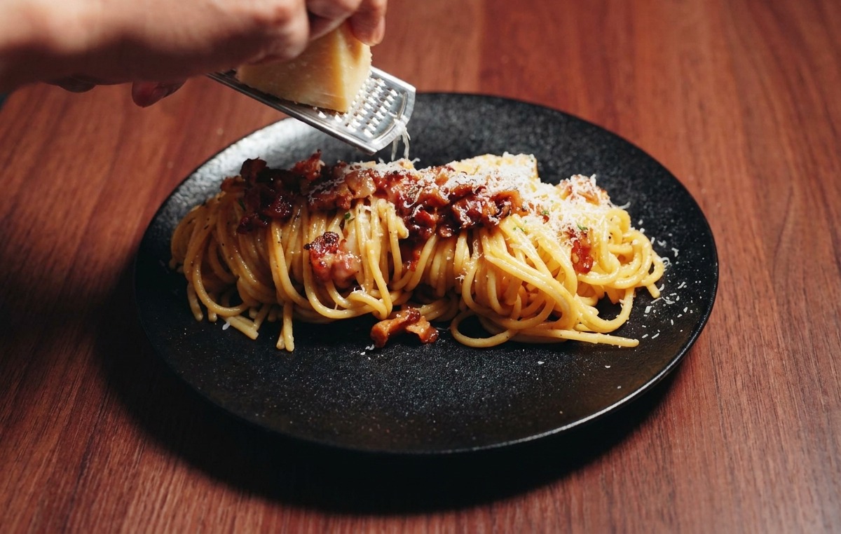 A hand using a small metal grater to shower a plate of spaghetti carbonara with fine shavings of Parmesan cheese.