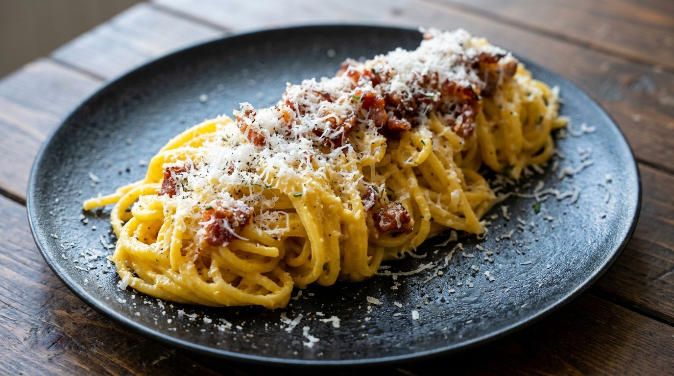 A plate of velvety Spaghetti Carbonara topped with crispy bacon, cracked black pepper, and freshly grated Parmesan.