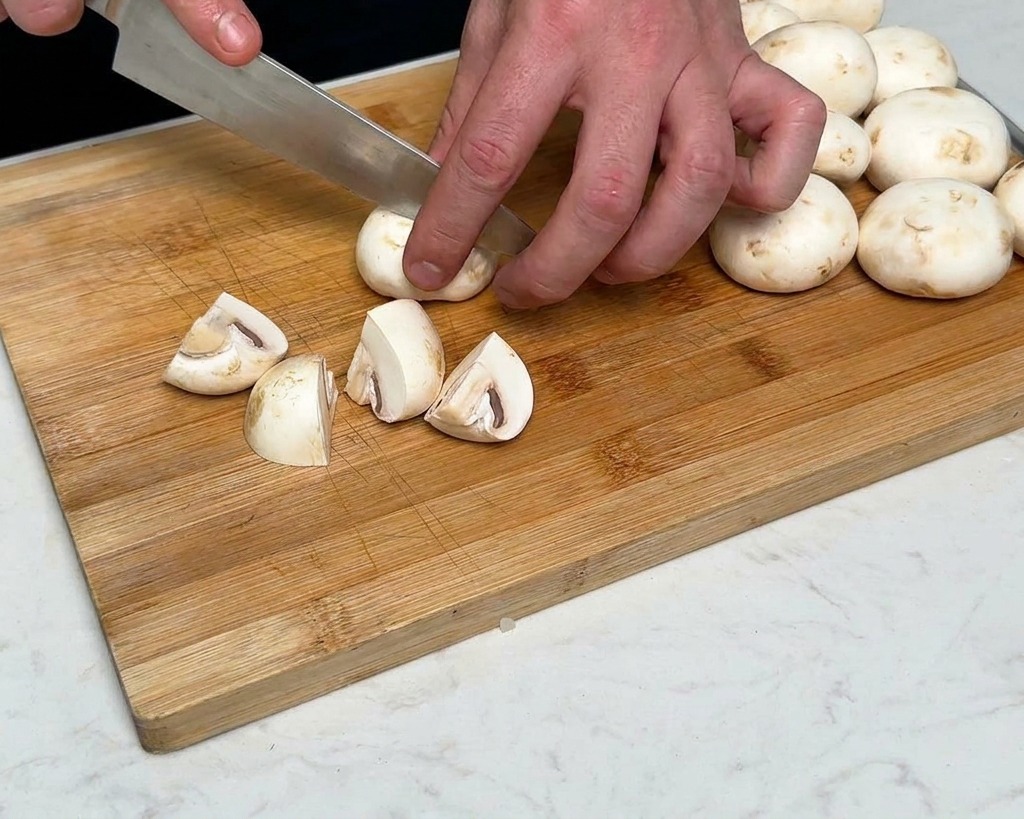 A person using a chefs knife to cut fresh white mushrooms into four pieces on a wooden board.