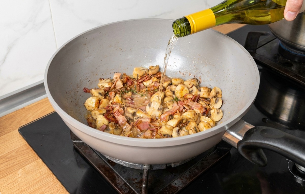 White wine being poured from a green bottle into a pan containing sautéed mushrooms and bacon pieces.