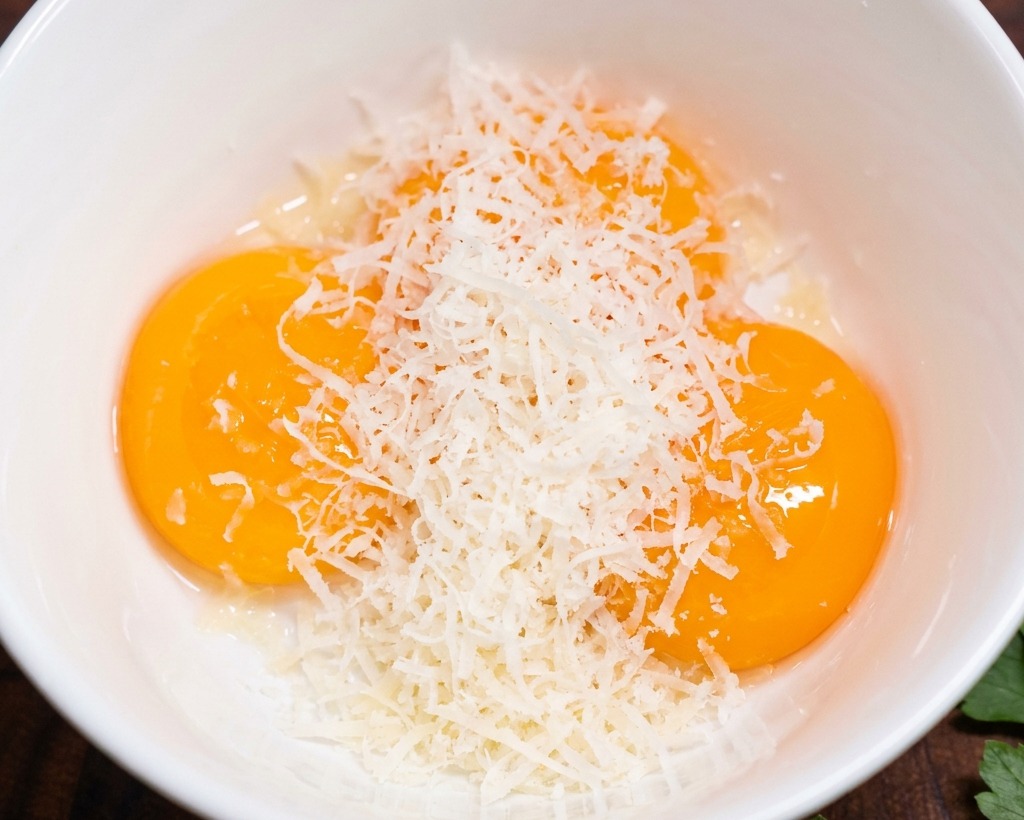 A pile of finely shredded white Parmesan cheese covering the top of egg yolks in a bowl.