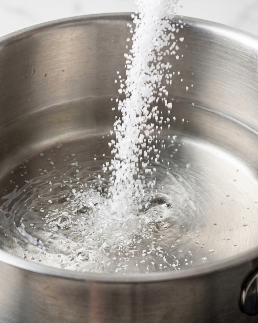A stream of white sea salt being poured into a stainless steel pot of clear water.