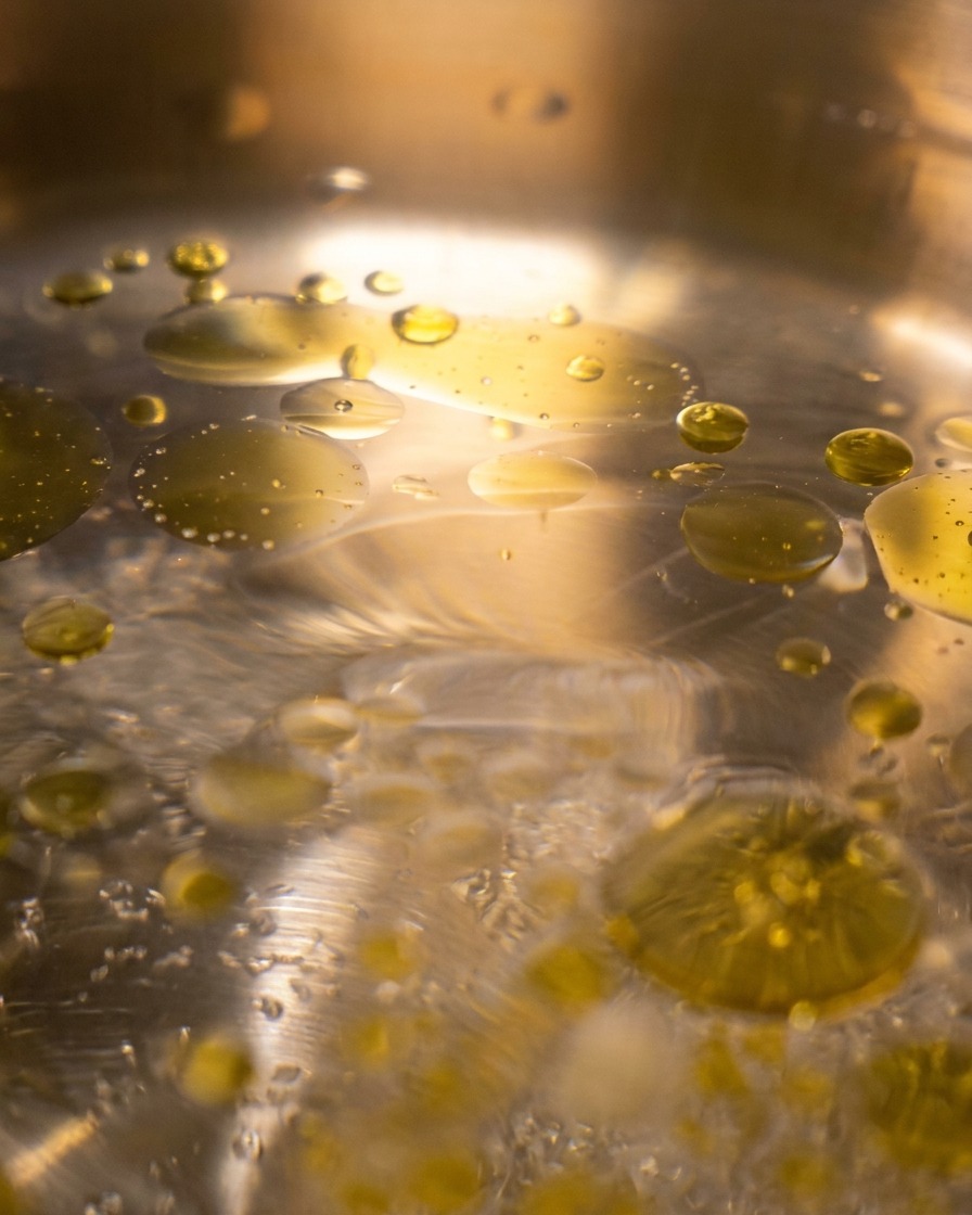 Golden droplets of olive oil floating on the surface of boiling water in a metal pot.