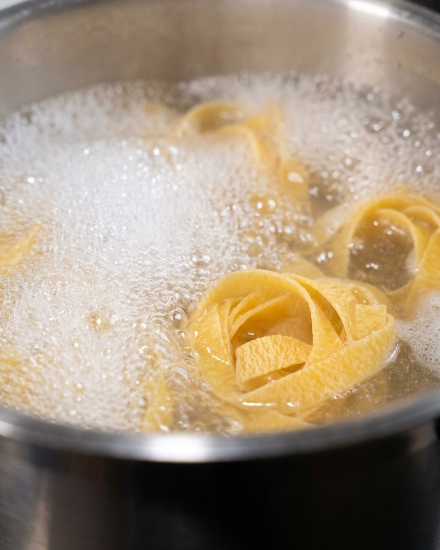 Fettuccine pasta nests boiling in a pot of water with white bubbles on the surface.