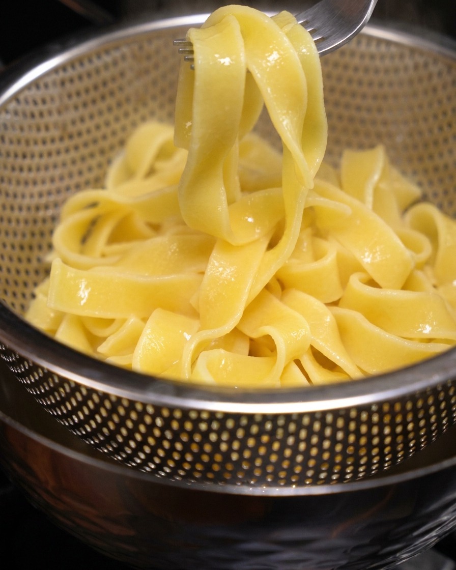 Cooked, wide yellow pasta strands held in a metal colander over a bowl.