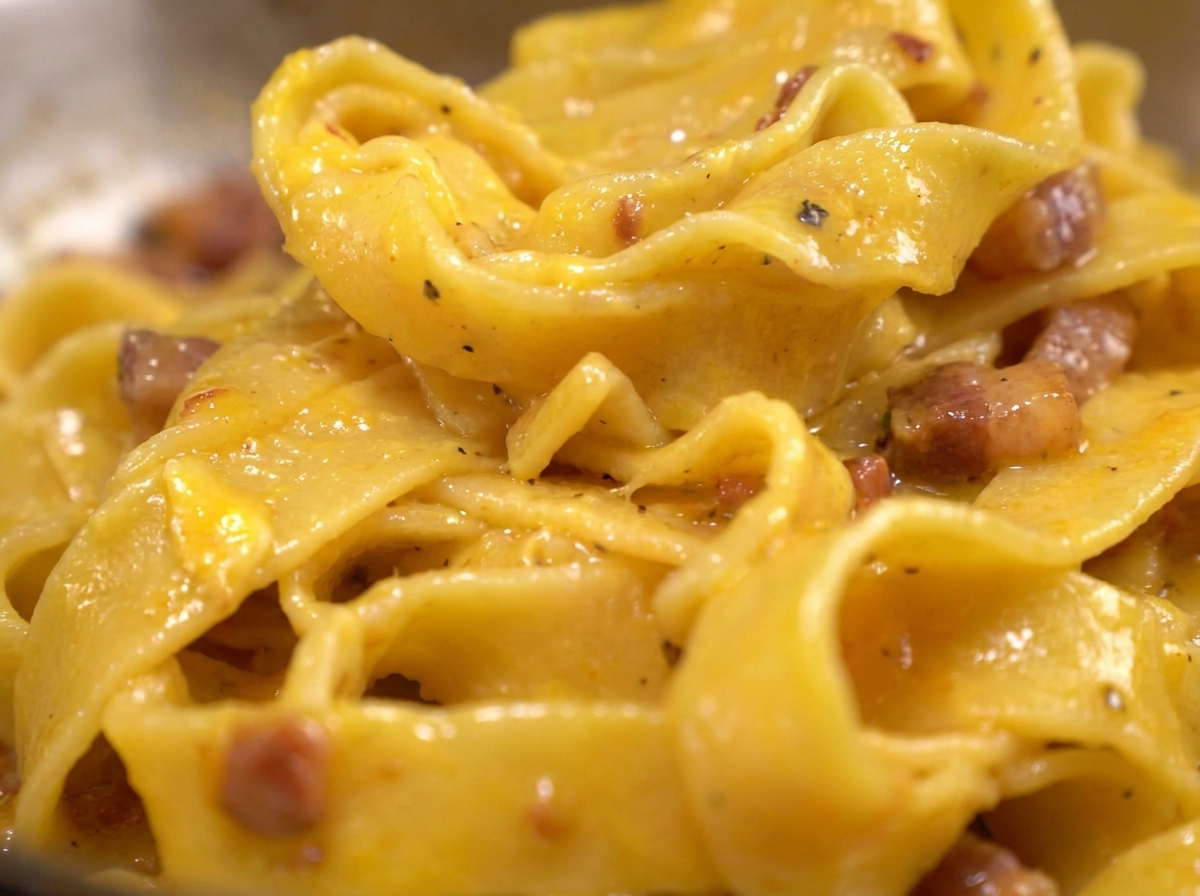 A close-up shot of thick, ribbon-like pasta thoroughly coated in a rich, golden egg and cheese sauce, featuring visible pieces of browned bacon and cracked black pepper.