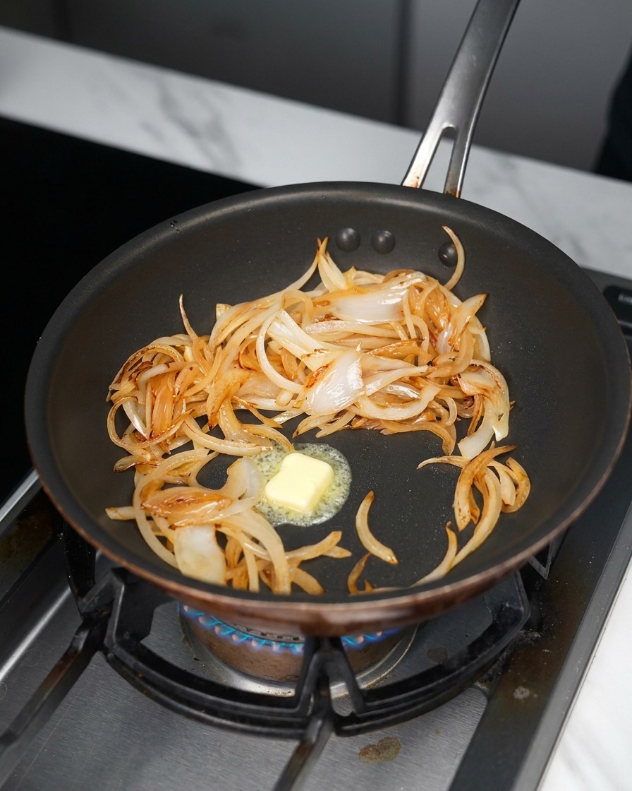 Sautéed onions in a non-stick pan with a square of yellow butter melting in the center over a gas stove flame.