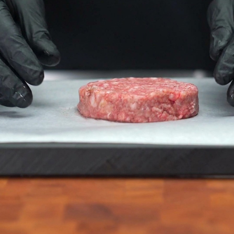 A thick, raw ground beef patty sitting on white parchment paper with visible grains of black pepper on its surface.