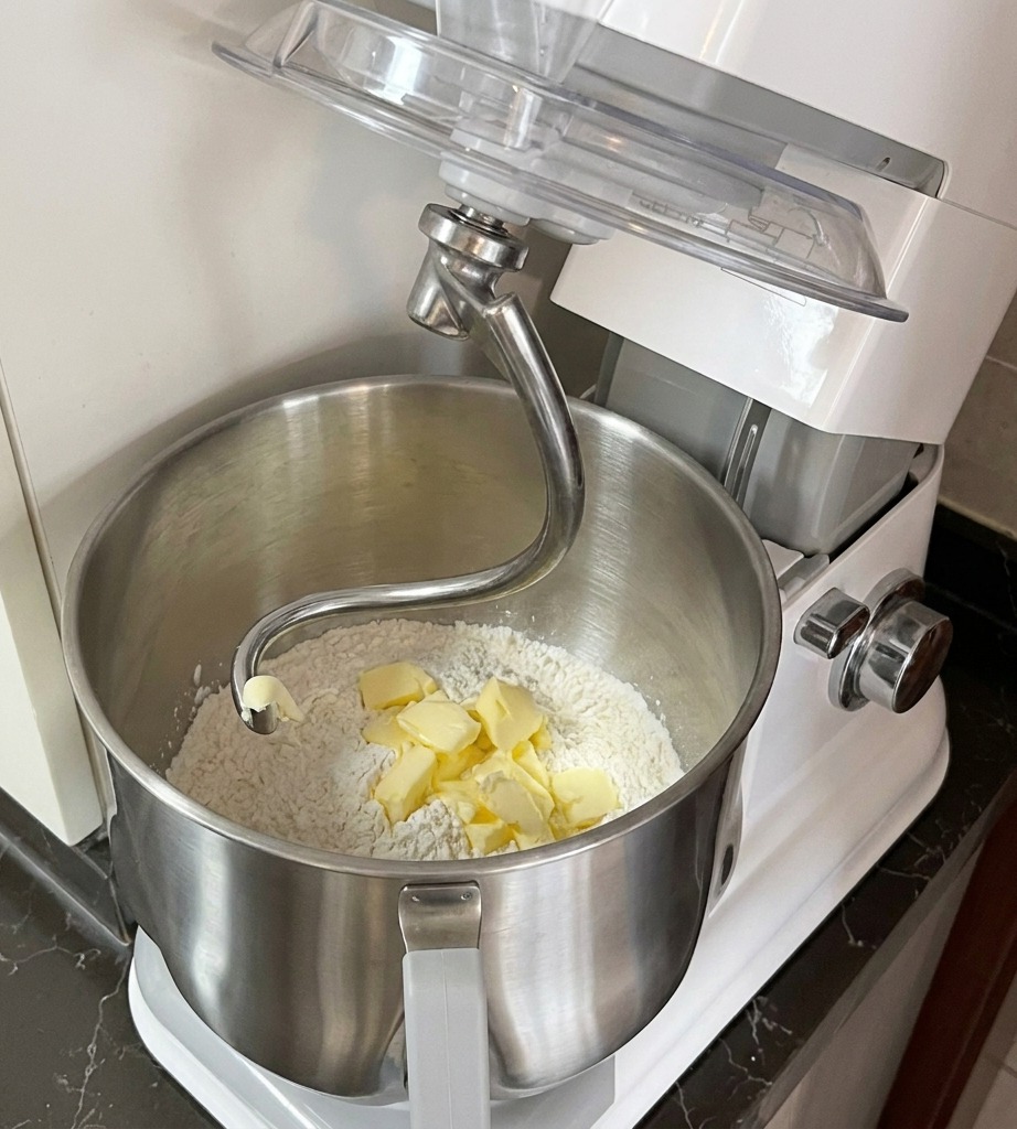 Cubes of yellow butter sitting on top of white dough inside a stainless steel stand mixer bowl.