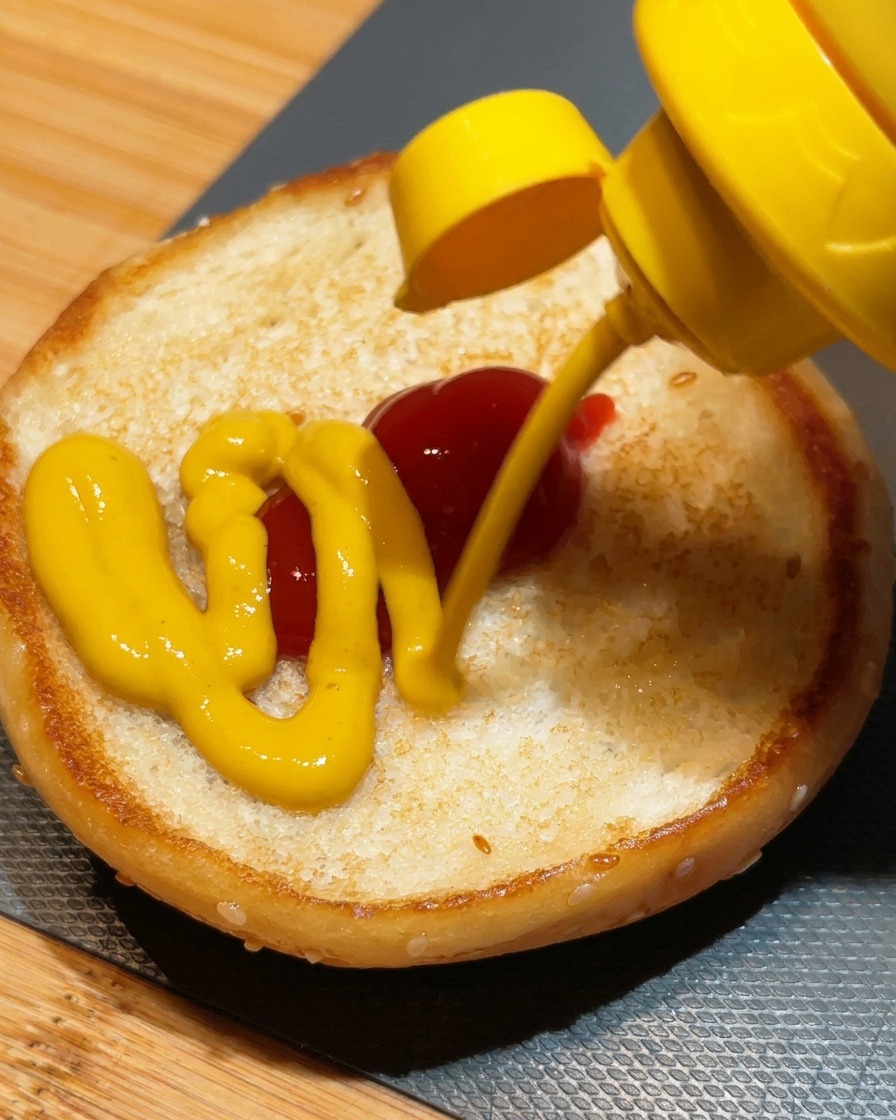 Yellow mustard being squeezed over a dollop of ketchup on the toasted bottom half of a sesame seed burger bun.