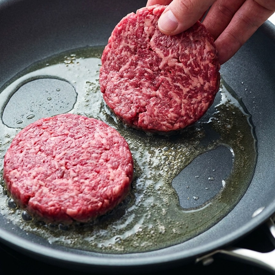 A hand placing thick, raw beef patties into a hot frying pan containing melted butter.