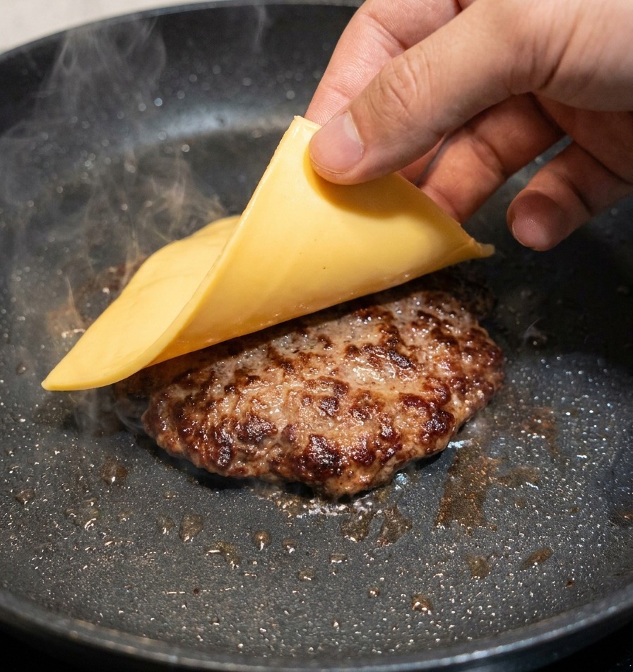 A hand placing a square slice of yellow cheese onto a sizzling beef patty in a frying pan.