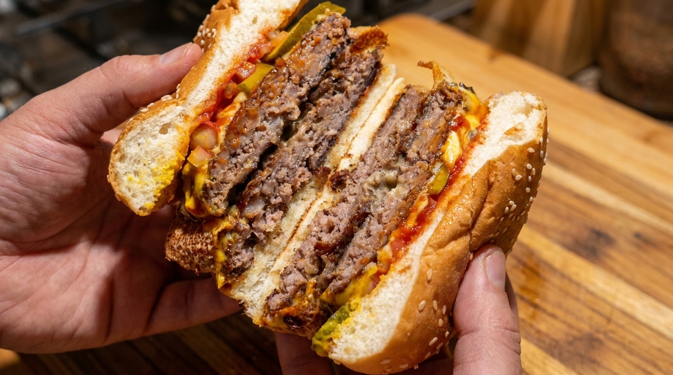 A thick double cheeseburger sliced to reveal juicy beef patties and layers of perfectly melted yellow cheese.