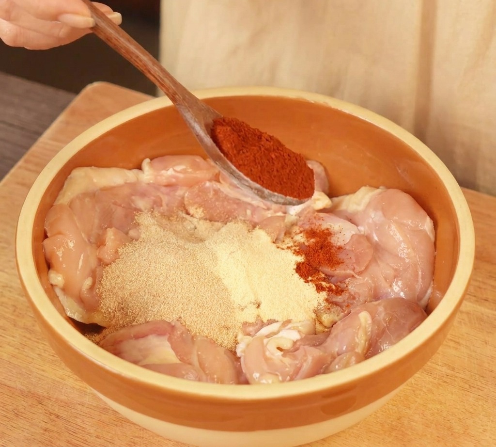 Raw chicken thighs in a tan ceramic bowl being seasoned with a spoonful of bright red paprika alongside mounds of garlic and onion powder.