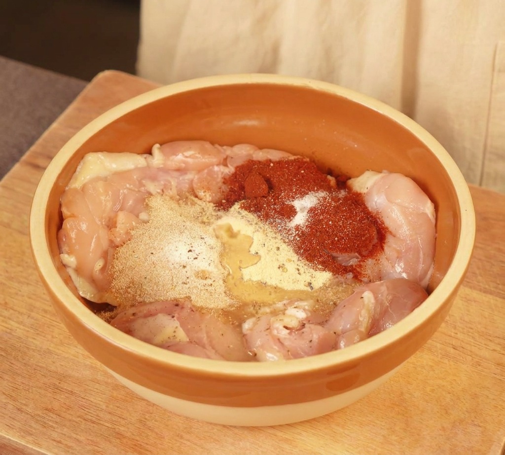 Fresh milk being poured over seasoned raw chicken thighs in a bowl, mixing with the red and beige spice powders.