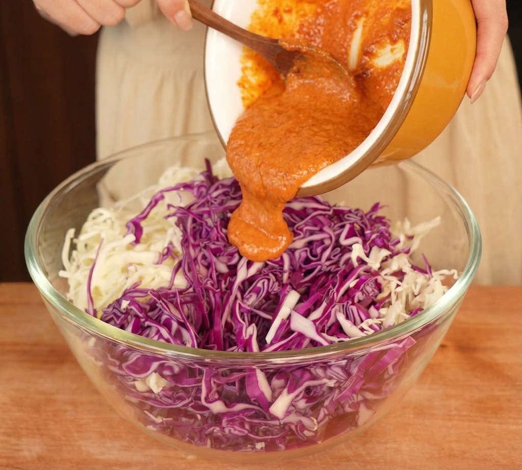 Tangy orange coleslaw dressing being poured from a small bowl over a large glass bowl filled with shredded red and white cabbage.
