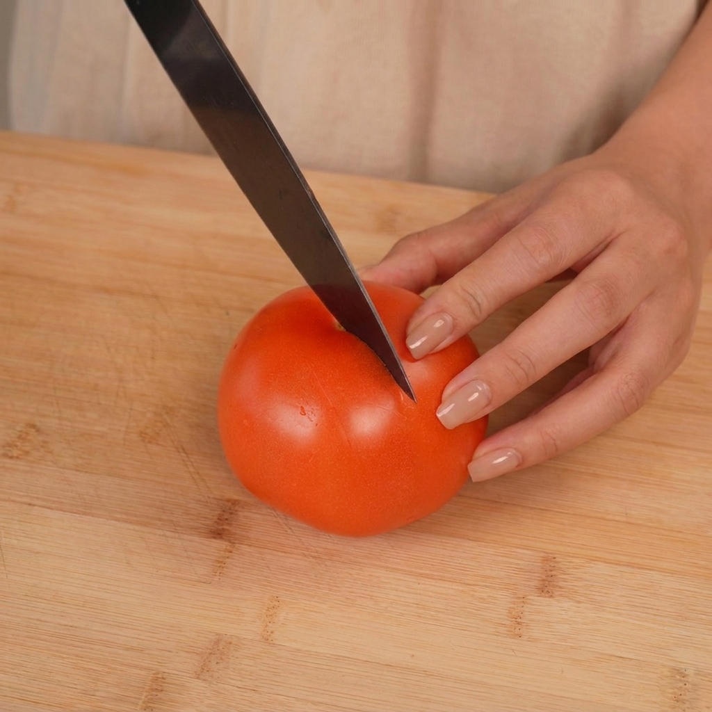 A close-up shot of a hand using a kitchen knife to cut a cross into the skin of a whole red tomato on a light wood cutting board.