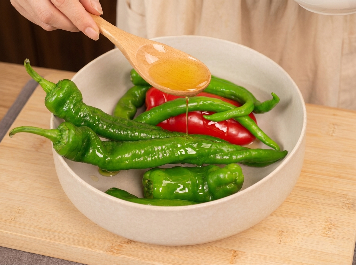 A wooden spoon pouring golden oil over several long green peppers and a red pepper in a white ceramic bowl.