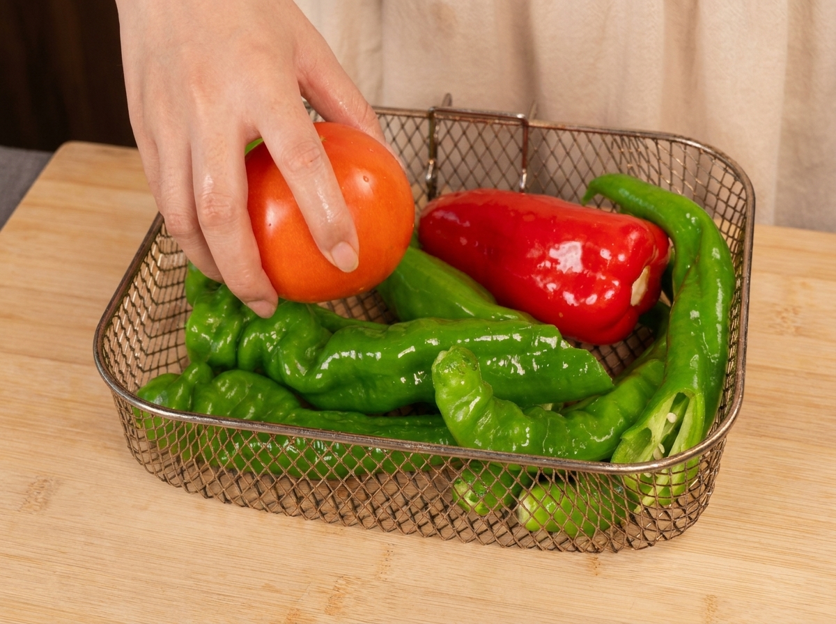 A hand placing a whole red tomato into a wire air fryer basket already containing green and red peppers.