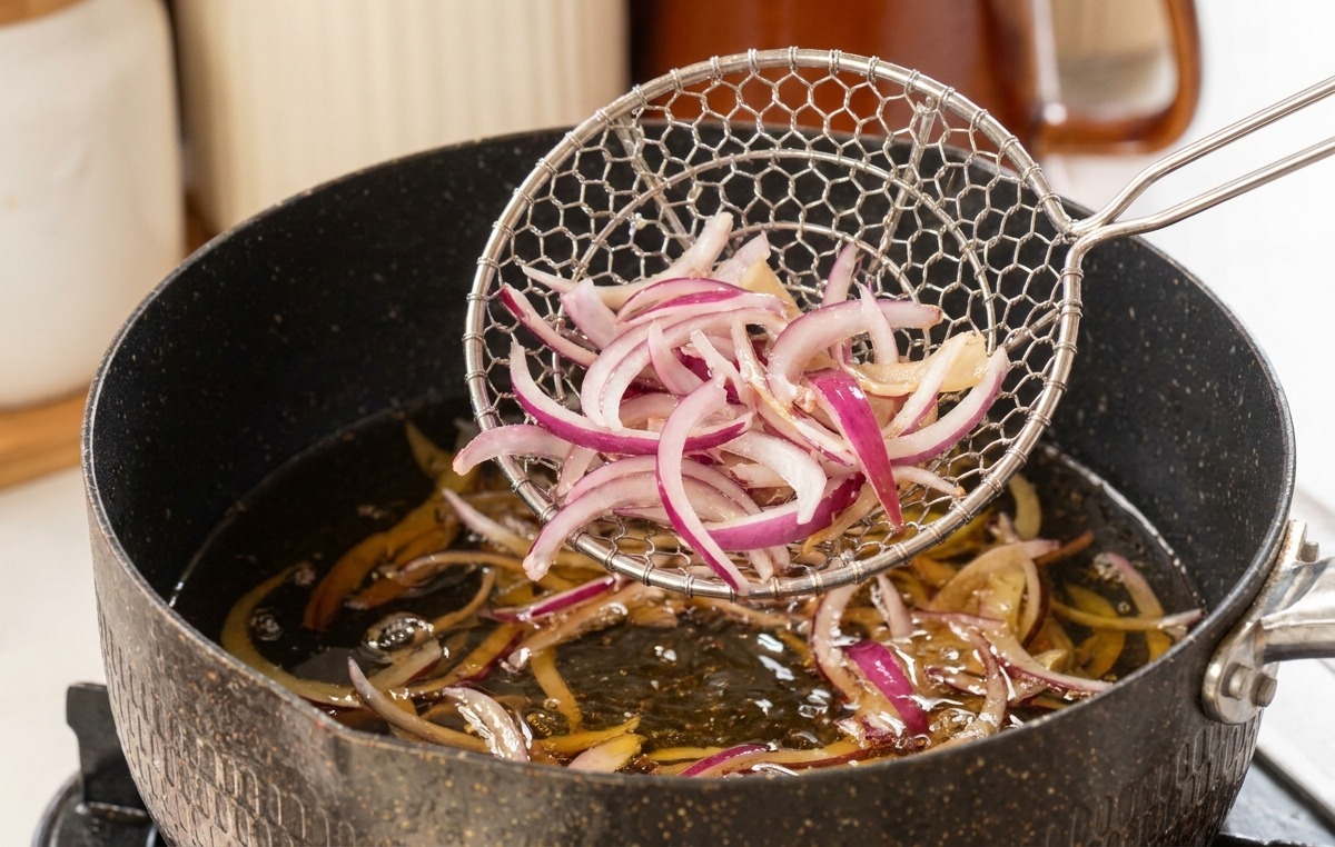 Thin red onion slices being lowered into a pot of shimmering hot oil with a metal skimmer.