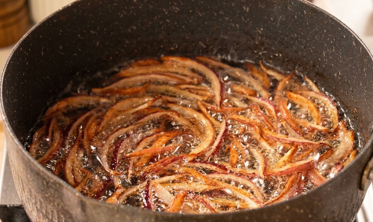 Slices of red onion bubbling in hot oil, turning a crispy, dark golden-brown color.
