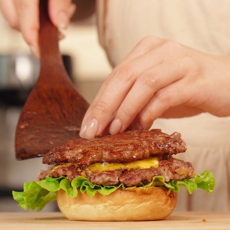 A person stacking multiple beef patties with melted cheese onto a toasted bun with lettuce.