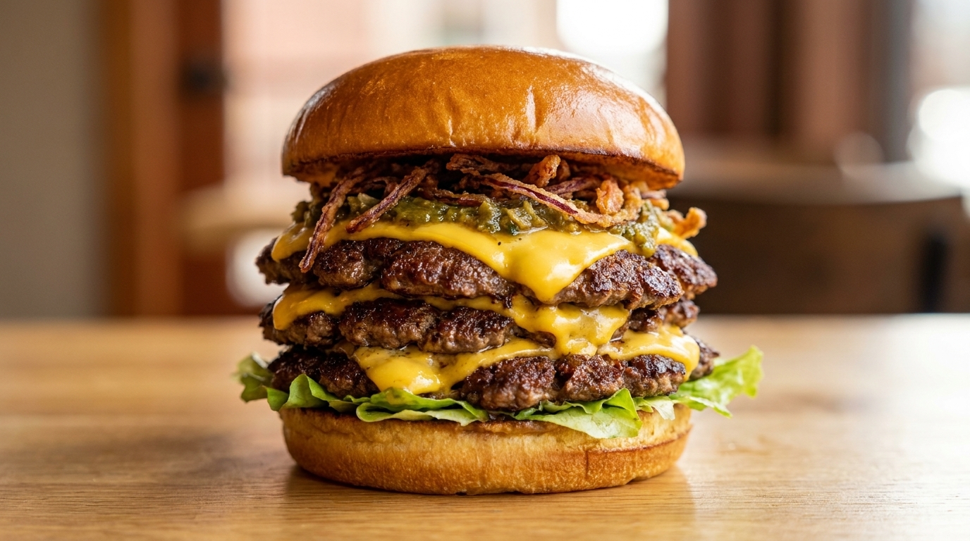 Triple Smash Burger with Roasted Green Pepper Sauce & Crispy Onions