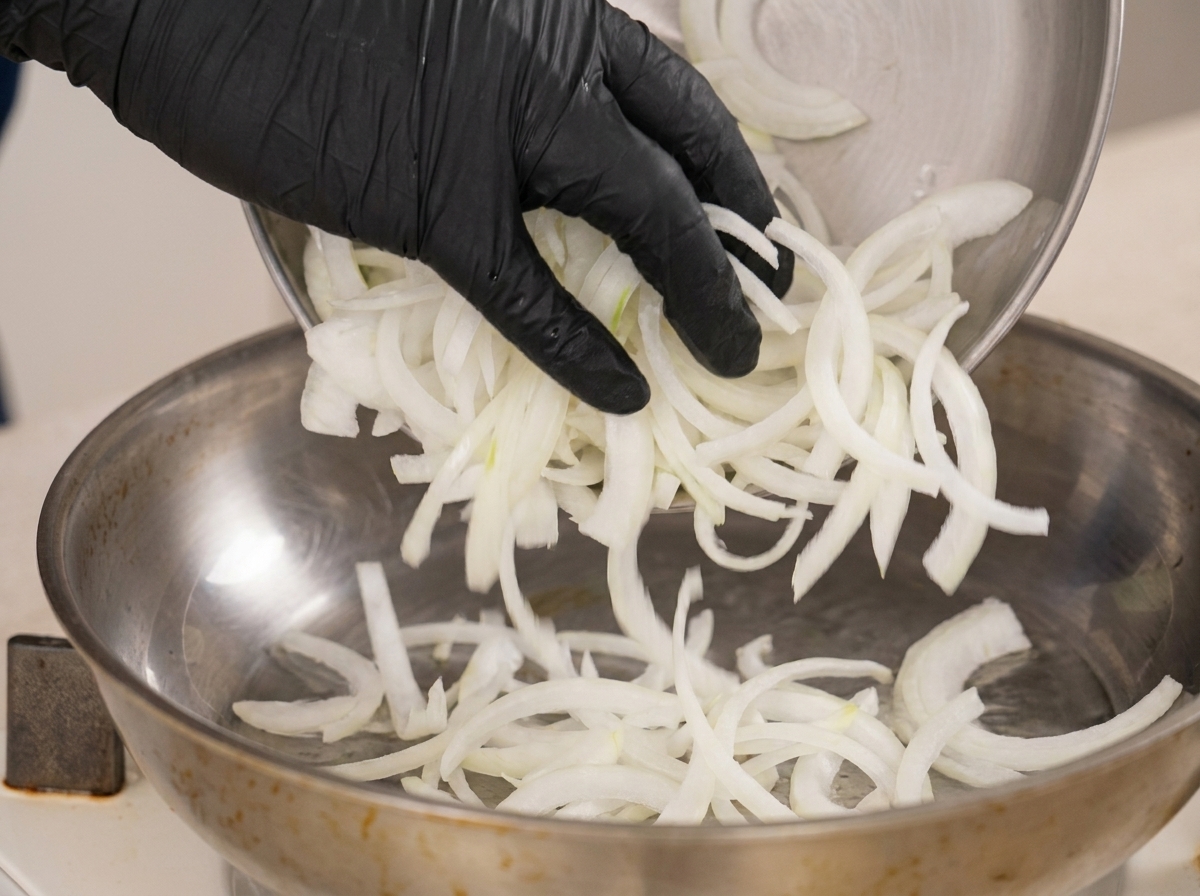 Thinly sliced raw white onions being dropped from a metal bowl into a preheated stainless steel pan.