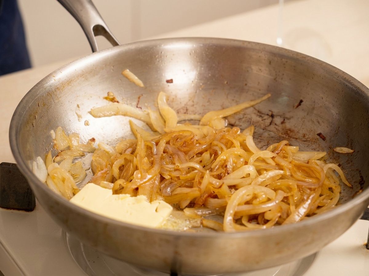A knob of butter melting into a pile of softened, golden-brown onions in a stainless steel skillet.