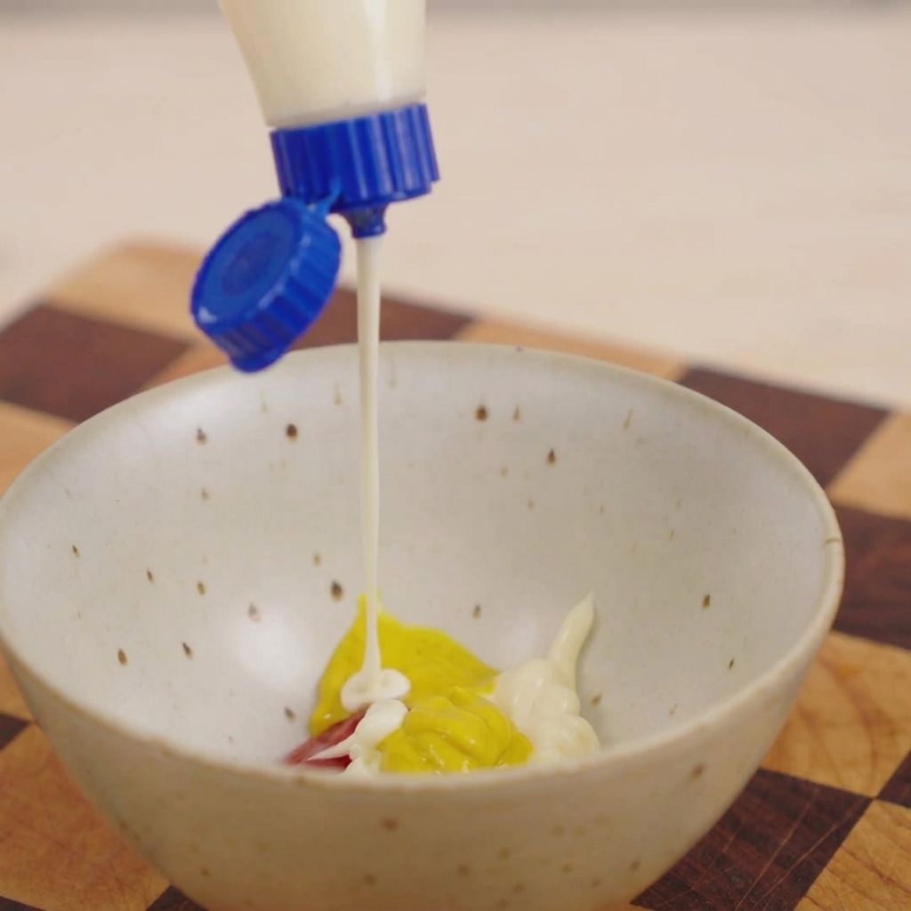 A squeeze of creamy white dressing landing on top of yellow mustard and red ketchup in a small ceramic bowl.