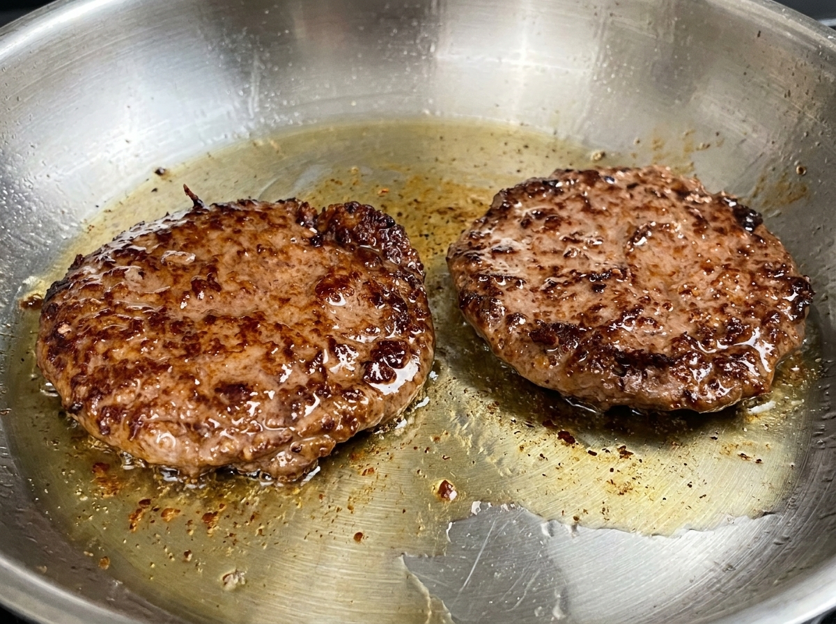 Two thick Wagyu beef patties searing in a stainless steel pan, featuring a dark brown caramelized crust on their top surface.