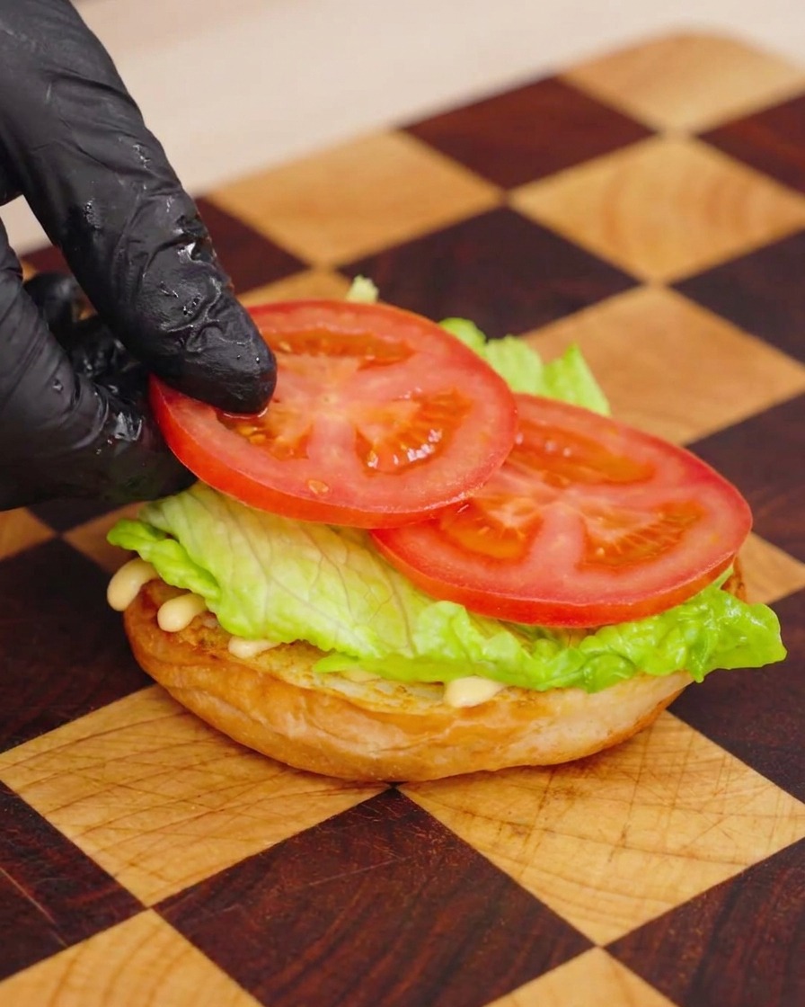 A gloved hand placing a thin slice of tomato onto a layer of green lettuce on top of a toasted burger bun.
