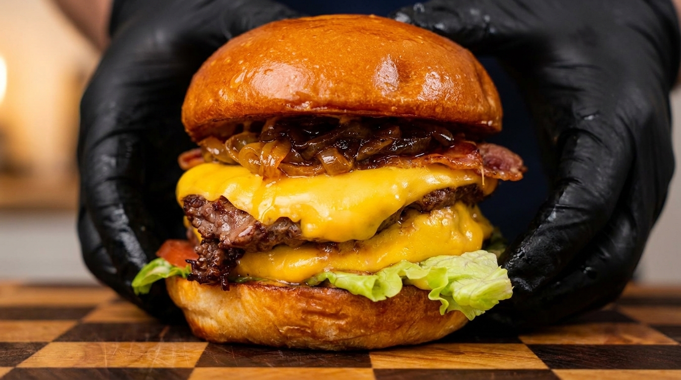 Gourmet Double Wagyu Burger with Jammy Caramelized Onions