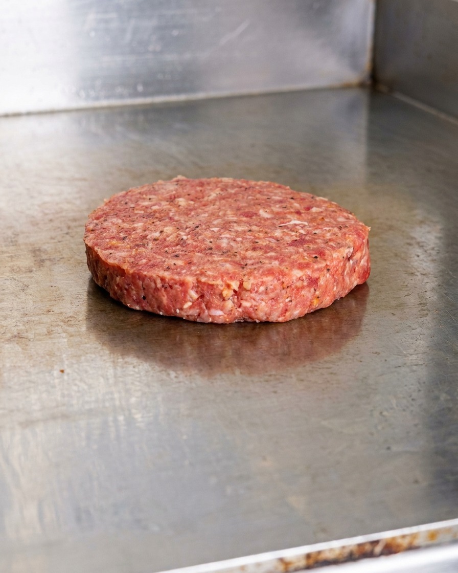 A raw, seasoned ground beef patty sitting on a clean, stainless steel flat-top griddle.