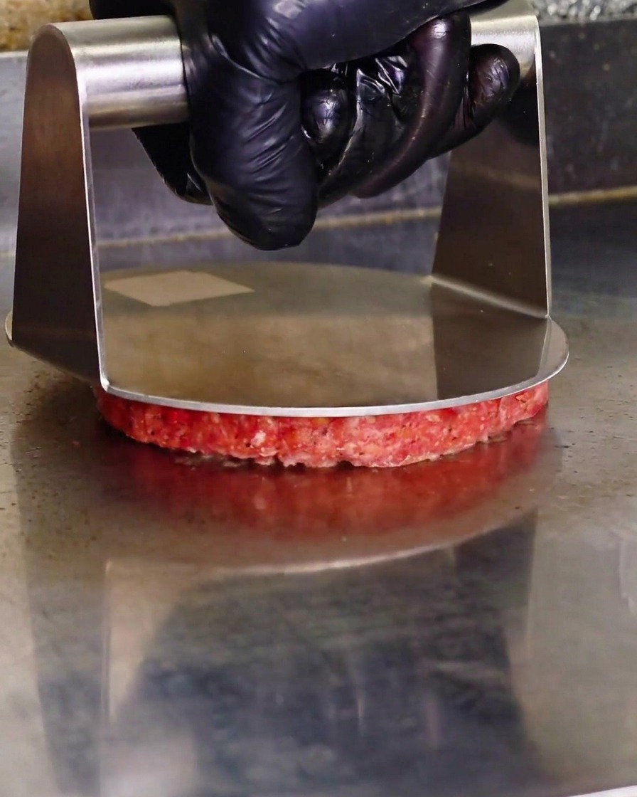A person wearing a black glove using a circular metal press to flatten a burger patty on a griddle.