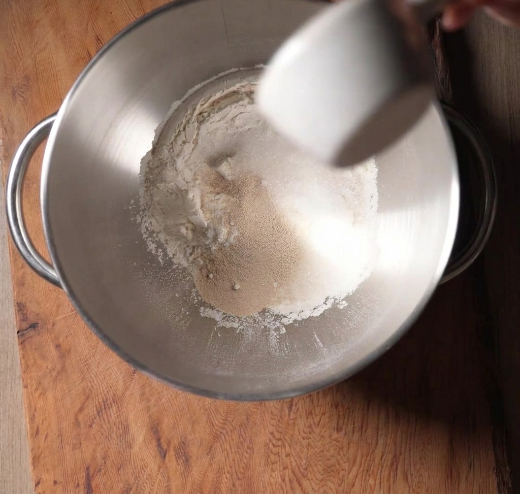 Beaten egg liquid being poured from a white cup into a stainless steel stand mixer bowl containing flour and yeast.