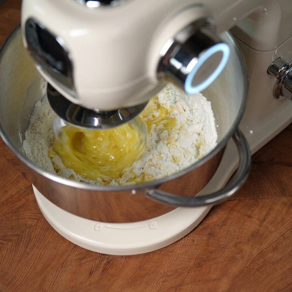 A cream-colored stand mixer actively working a pale yellow dough in a stainless steel bowl using a dough hook.