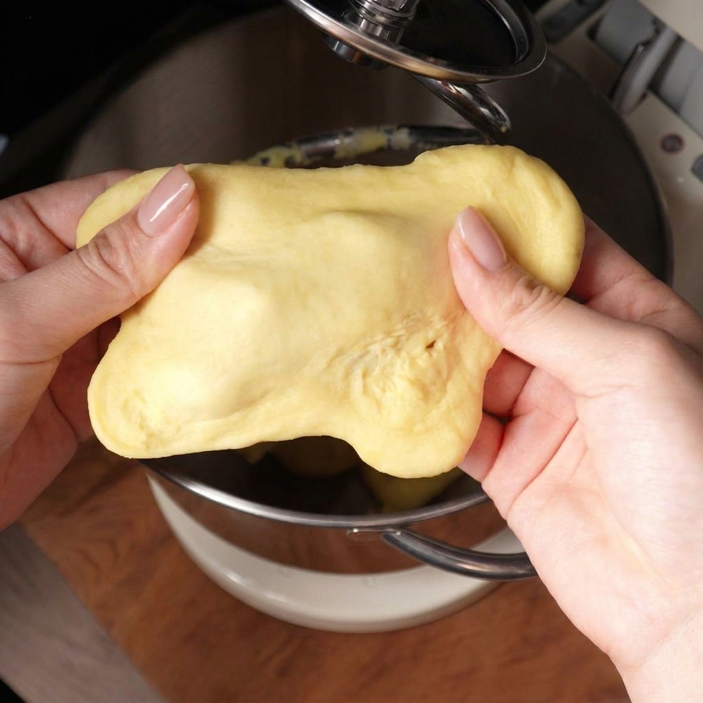 Close-up of hands stretching a piece of raw brioche dough, showing a rough, non-transparent texture that tears easily.