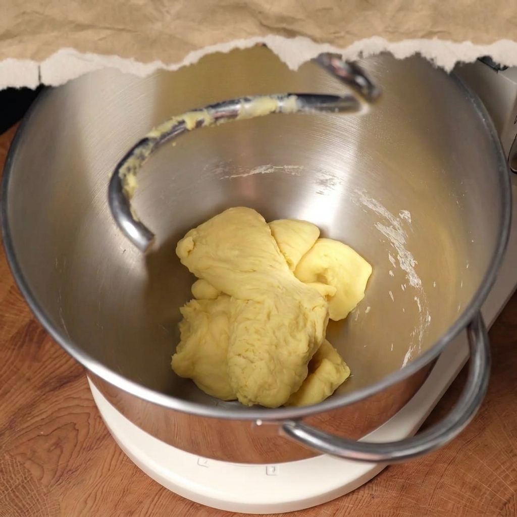 Chunks of softened butter and a pinch of salt sitting on top of a partially kneaded dough ball inside a mixer bowl.